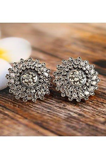 Two-Tone Finish Checkered Gemstone Floral Stud Earrings In Sterling Silver