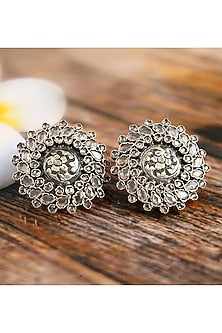 Two-Tone Finish Checkered Gemstone Floral Stud Earrings In Sterling Silver