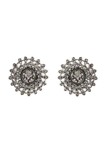 Two-Tone Finish Checkered Gemstone Floral Stud Earrings In Sterling Silver
