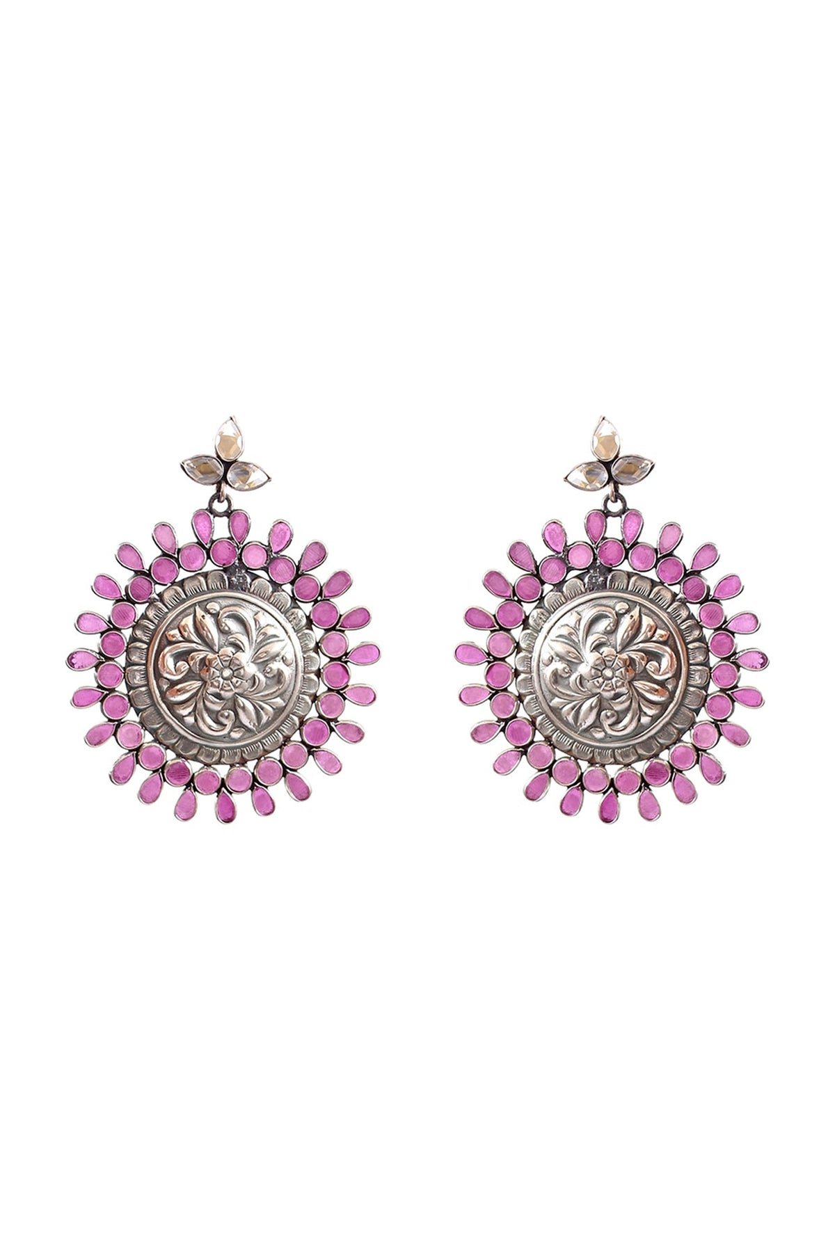 Silver Finish Checkered Ruby Gemstone Dangler Earrings In Sterling Silver