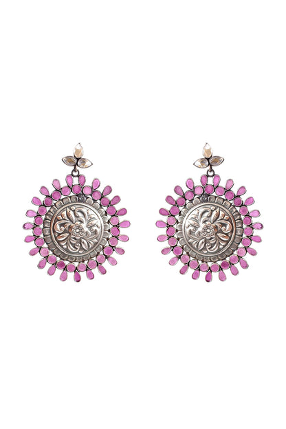 Silver Finish Checkered Ruby Gemstone Dangler Earrings In Sterling Silver