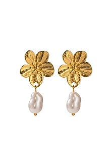 Gold Plated Pearl Floral Dangler Earrings