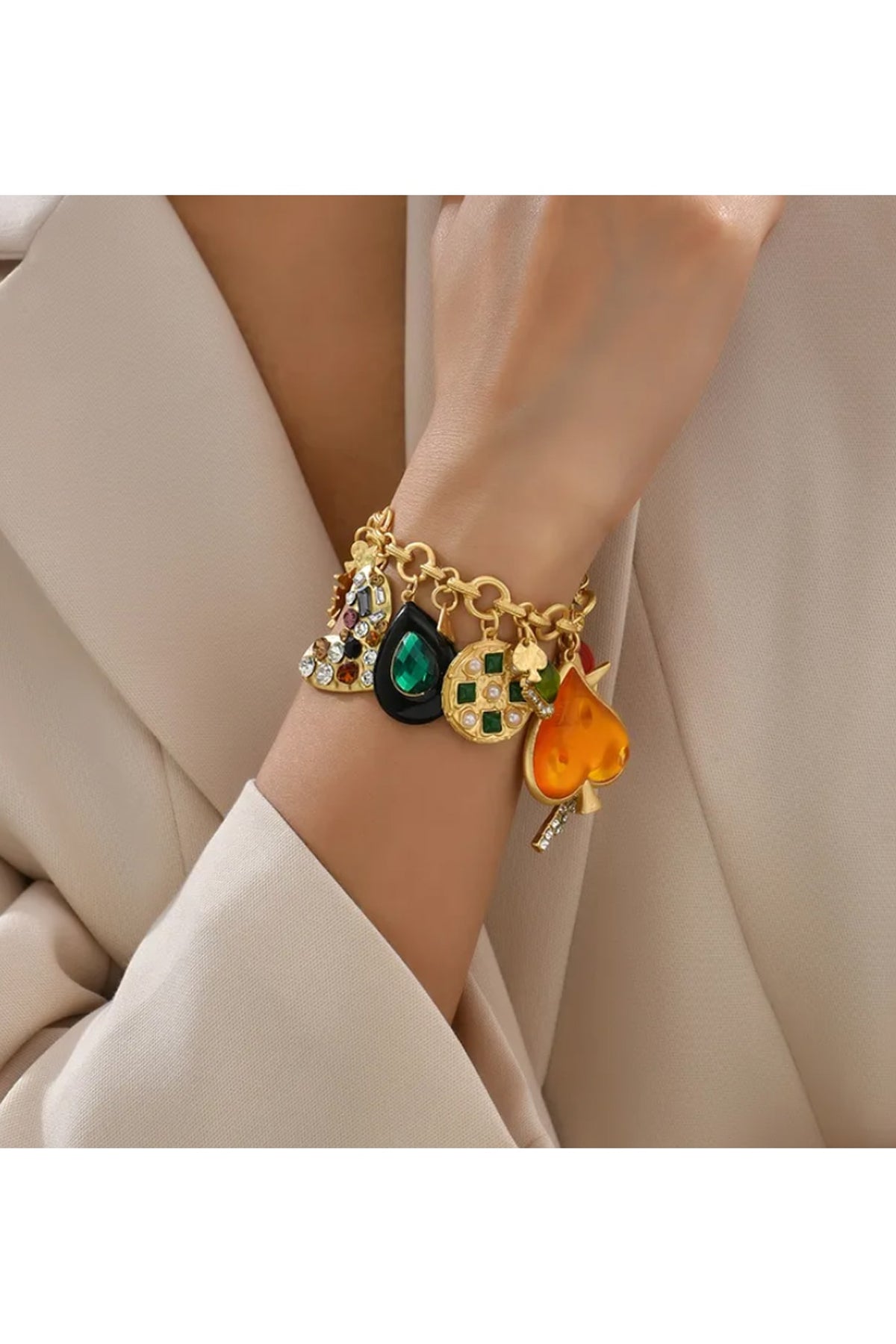 Gold Plated Chunky Heart Shaped Rhinestone Bracelet