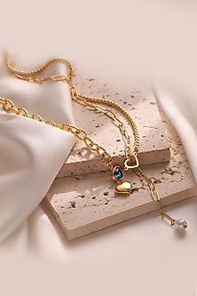 Gold Plated Zircon & Blue Stone Chunky Heart Necklace