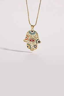 Gold Plated Multi-Colored Zircon Hamsa Evil Eye Necklace