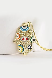 Gold Plated Multi-Colored Zircon Hamsa Evil Eye Necklace