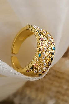 Gold Plated Pearl & Multi-Colored Zircon Ring
