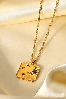 Gold Plated Diamond Moon & Star Square Pendant Necklace