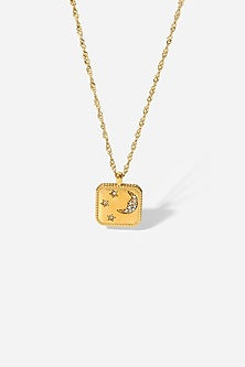 Gold Plated Diamond Moon & Star Square Pendant Necklace