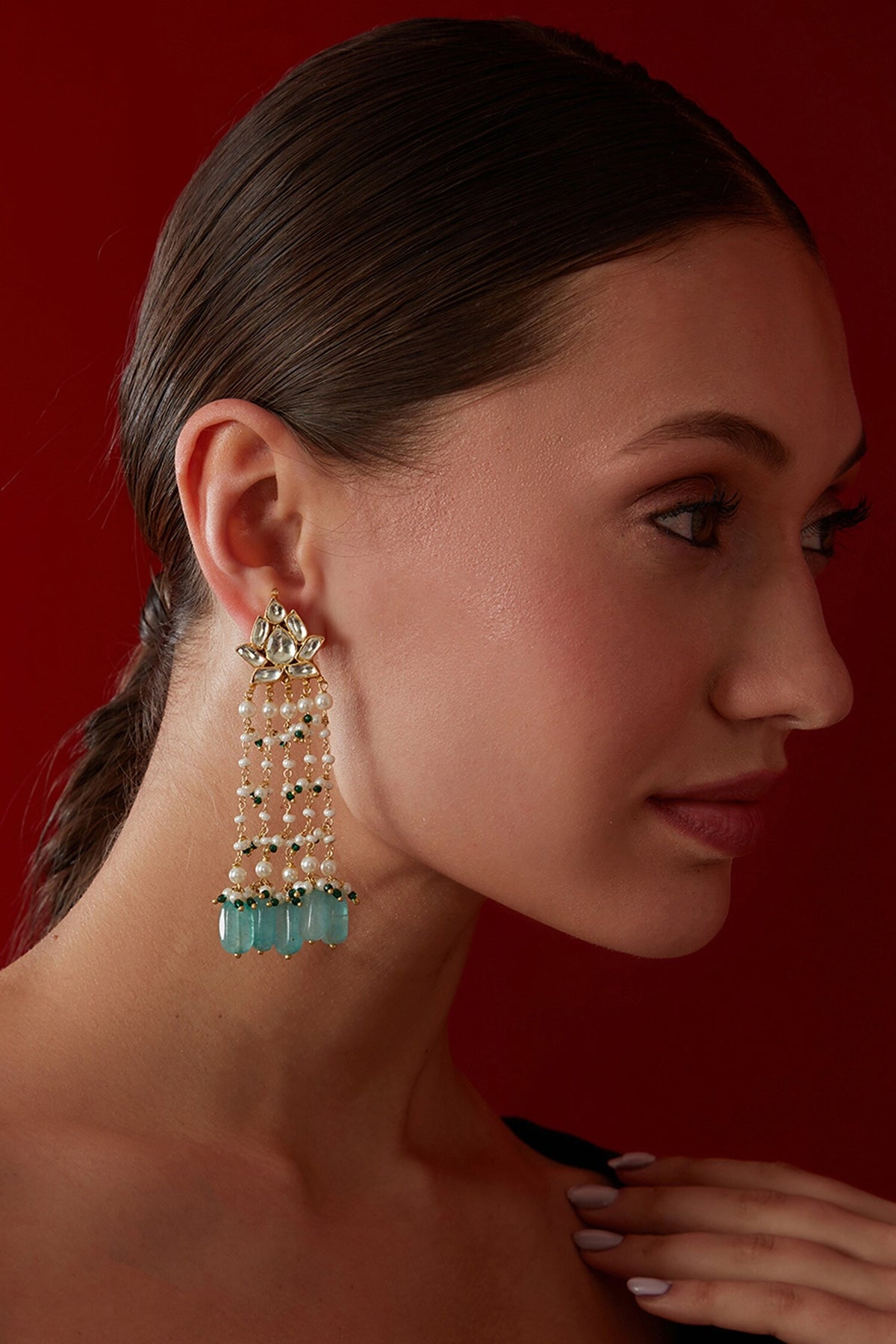 Mint Kundan Embellished Danglers & Drops 