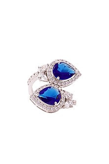 White Rhodium Finish 0.25 ct Cubic Zirconia & 2 ct Blue Stone Ring In Sterling Silver
