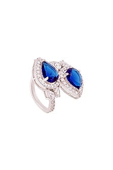 White Rhodium Finish 0.25 ct Cubic Zirconia & 2 ct Blue Stone Ring In Sterling Silver