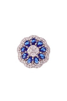 White Rhodium Finish Cubic Zirconia & Blue Stone Floral Ring In Sterling Silver