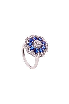 White Rhodium Finish Cubic Zirconia & Blue Stone Floral Ring In Sterling Silver
