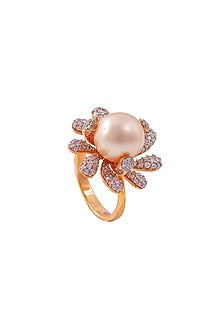 White Rhodium Finish Cubic Zirconia & Pearl Ring In Sterling Silver