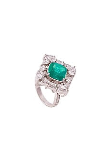 White Rhodium Finish Pear-Cut Cubic Zirconia & Green Cushion Stone Ring In Sterling Silver