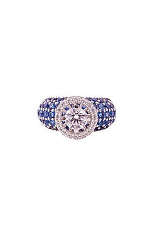White Rhodium Finish Cubic Zirconia & Blue Stone Ring In Sterling Silver