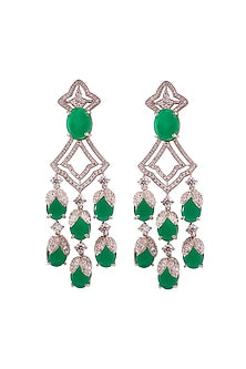 White Rhodium Finish Cubic Zirconia & Green Stone Dangler Earrings In Sterling Silver