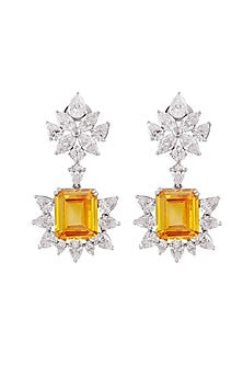 White Rhodium Finish Cubic Zirconia & Yellow Stone Dangler Earrings In Sterling Silver