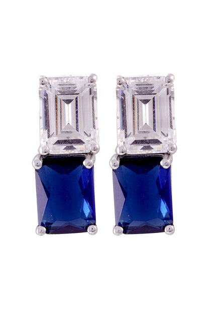 White Rhodium Finish Cubic Zirconia & Blue Stone Dangler Earrings In Sterling Silver