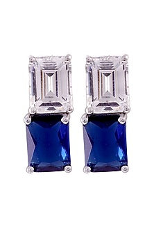 White Rhodium Finish Cubic Zirconia & Blue Stone Dangler Earrings In Sterling Silver