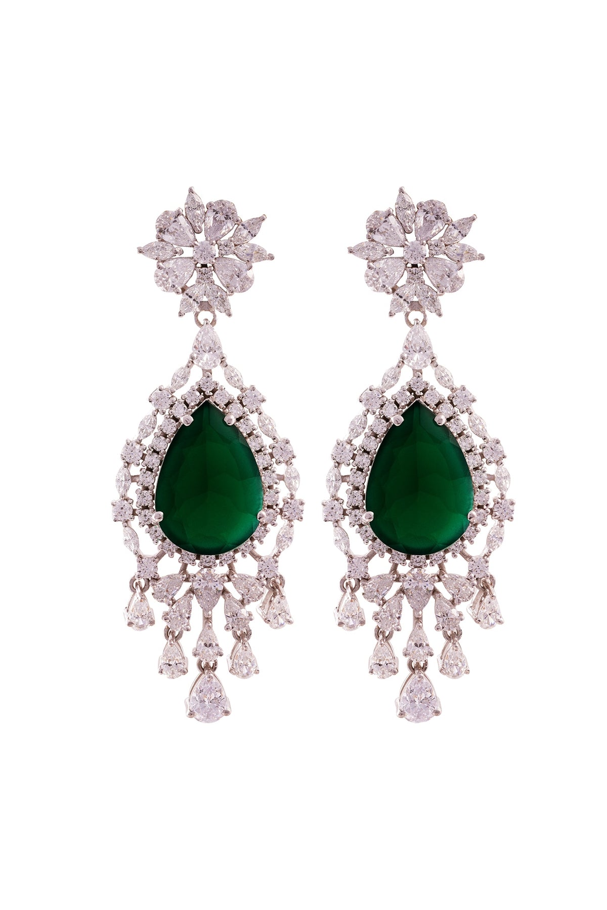 White Rhodium Finish Cubic Zirconia & Green Stone Dangler Earrings In Sterling Silver