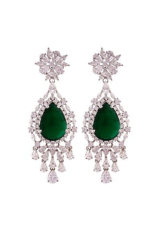 White Rhodium Finish Cubic Zirconia & Green Stone Dangler Earrings In Sterling Silver