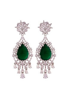 White Rhodium Finish Cubic Zirconia & Green Stone Dangler Earrings In Sterling Silver