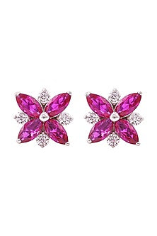 White Rhodium Finish Cubic Zirconia & Red Stone Stud Earrings In Sterling Silver