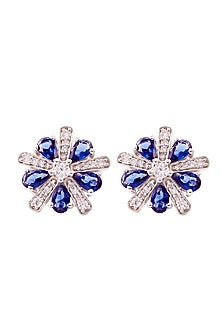 White Rhodium Finish Cubic Zirconia & Blue Stone Stud Earrings In Sterling Silver