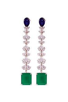 White Rhodium Finish Cubic Zirconia & Stone Dangler Earrings In Sterling Silver