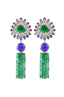 White Rhodium Finish Cubic Zirconia & Stone Dangler Earrings In Sterling Silver