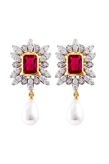 White Rhodium Finish Cubic Zirconia & Red Stone Dangler Earrings In Sterling Silver