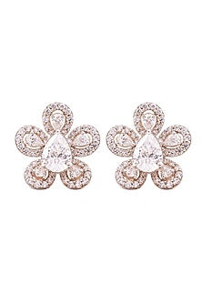 White Rhodium Finish Cubic Zirconia Stud Earrings In Sterling Silver