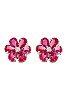 White Rhodium Finish Cubic Zirconia & Red Stone Stud Earrings In Sterling Silver