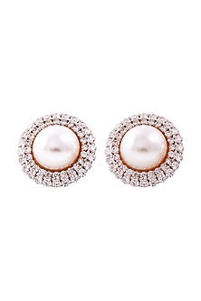 Rose Gold Finish Cubic Zirconia & Pearl Stud Earrings In Sterling Silver
