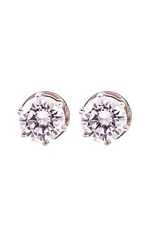 White Rhodium Finish Cubic Zirconia Stud Earrings In Sterling Silver