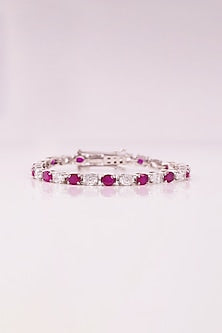 White Rhodium Finish Cubic Zirconia & Red Stone Tennis Bracelet In Sterling Silver