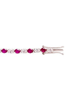 White Rhodium Finish Cubic Zirconia & Red Stone Tennis Bracelet In Sterling Silver