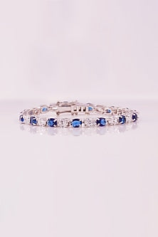 White Rhodium Finish Cubic Zirconia & Blue Stone Tennis Bracelet In Sterling Silver