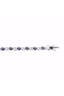 White Rhodium Finish Cubic Zirconia & Blue Stone Tennis Bracelet In Sterling Silver