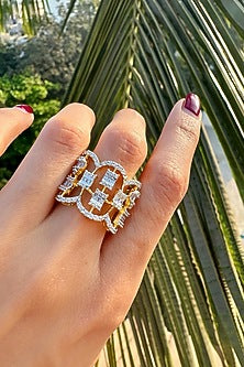 Gold Finish White Stone Ring In Sterling Silver