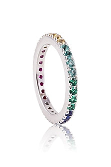 White Finish Multi-Colored Gemstone Ring In Sterling Silver