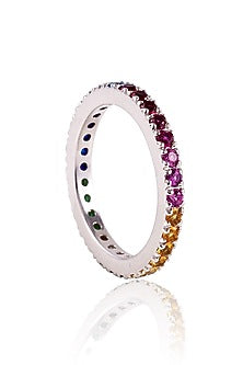 White Finish Multi-Colored Gemstone Ring In Sterling Silver