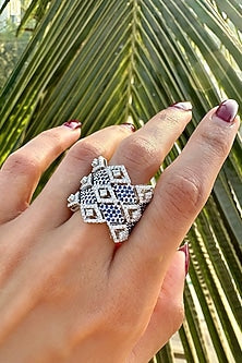 White Finish Diamond & Deep Blue Stone Ring In Sterling Silver