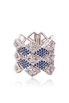 White Finish Diamond & Deep Blue Stone Ring In Sterling Silver