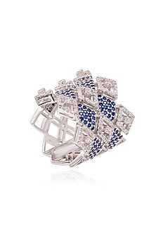 White Finish Diamond & Deep Blue Stone Ring In Sterling Silver