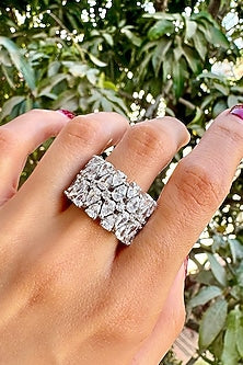 White Finish Pearl-Cut Stone Ring In Sterling Silver