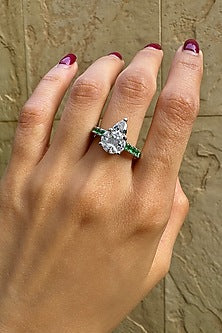 White Finish Cubic Zirconia & Green Stone Ring In Sterling Silver