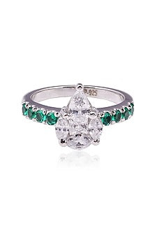 White Finish Cubic Zirconia & Green Stone Ring In Sterling Silver